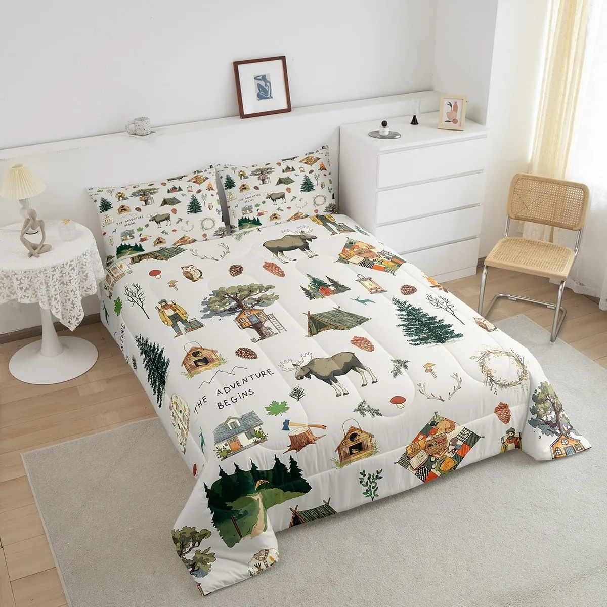 Homewish Cartoon Camper Comforter Set Twin Size Jungle Adventure Travel Bedding Set Wild Elk Animals Mountain Trees Quilt Set for Kids Boys Teens Men Bedroom Decor Happy Camping Duvet Insert 2pcs