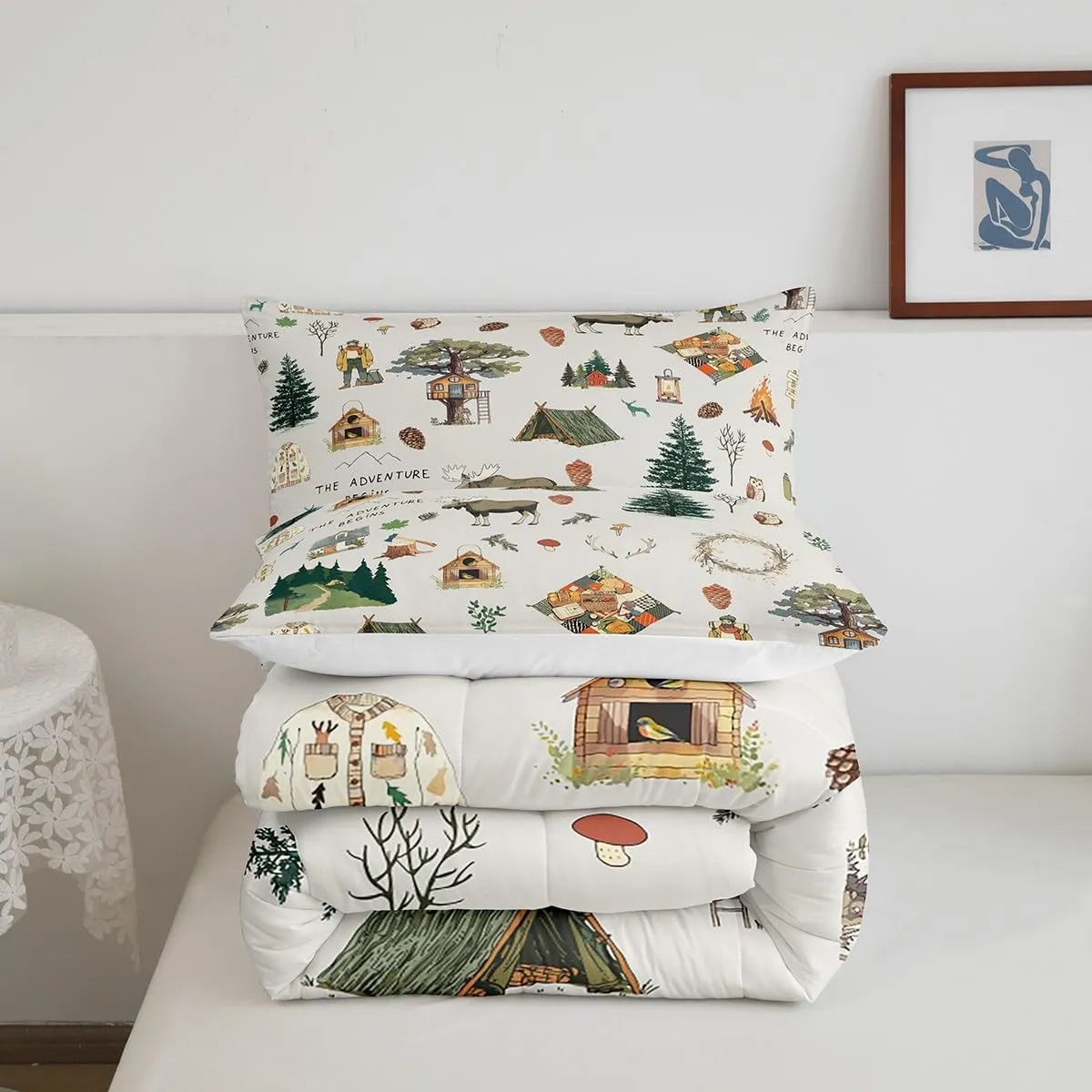 Homewish Cartoon Camper Comforter Set Twin Size Jungle Adventure Travel Bedding Set Wild Elk Animals Mountain Trees Quilt Set for Kids Boys Teens Men Bedroom Decor Happy Camping Duvet Insert 2pcs