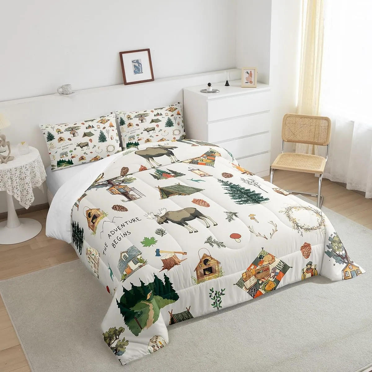Homewish Cartoon Camper Comforter Set Twin Size Jungle Adventure Travel Bedding Set Wild Elk Animals Mountain Trees Quilt Set for Kids Boys Teens Men Bedroom Decor Happy Camping Duvet Insert 2pcs