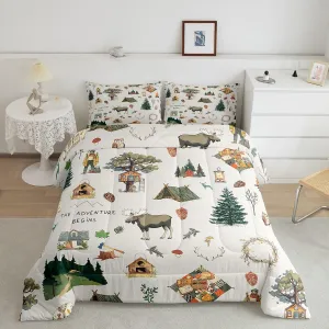 Homewish Cartoon Camper Comforter Set Twin Size Jungle Adventure Travel Bedding Set Wild Elk Animals Mountain Trees Quilt Set for Kids Boys Teens Men Bedroom Decor Happy Camping Duvet Insert 2pcs