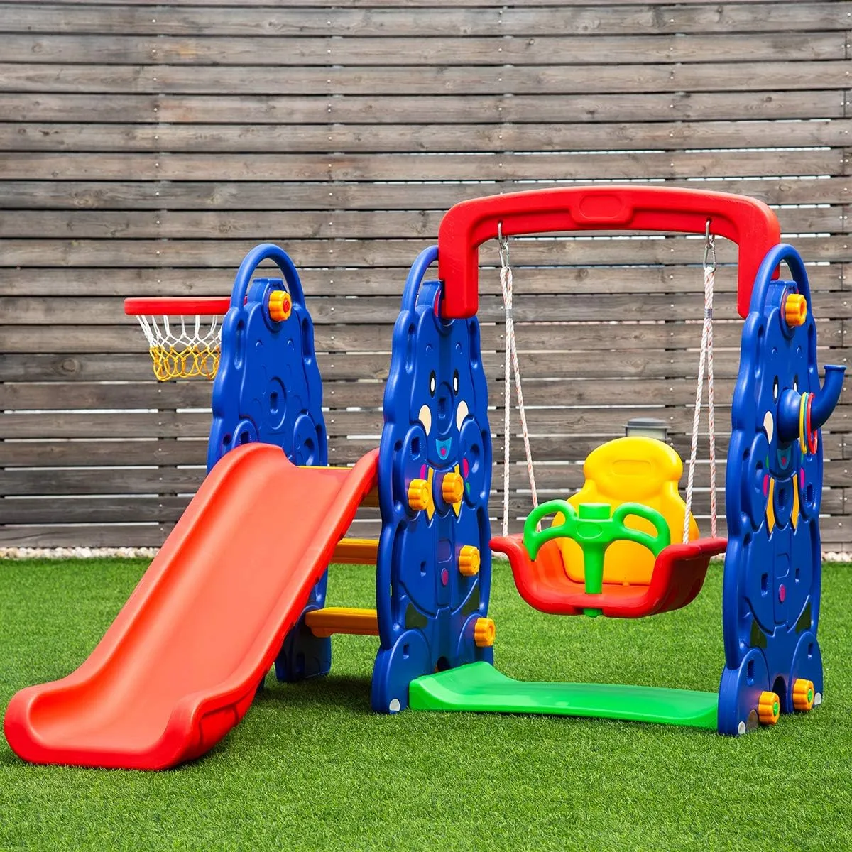 HONEY JOY Swing and Slide Set for Toddler, 4-in-4 Kids Play Climber Swing Playset w/Basketball Hoop, Extra Long Slide with Buffer Zone, Easy Setup Climb Stairs for Indoor Outdoor Games