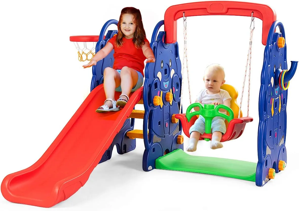HONEY JOY Swing and Slide Set for Toddler, 4-in-4 Kids Play Climber Swing Playset w/Basketball Hoop, Extra Long Slide with Buffer Zone, Easy Setup Climb Stairs for Indoor Outdoor Games