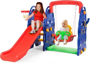 HONEY JOY Swing and Slide Set for Toddler, 4-in-4 Kids Play Climber Swing Playset w/Basketball Hoop, Extra Long Slide with Buffer Zone, Easy Setup Climb Stairs for Indoor Outdoor Games