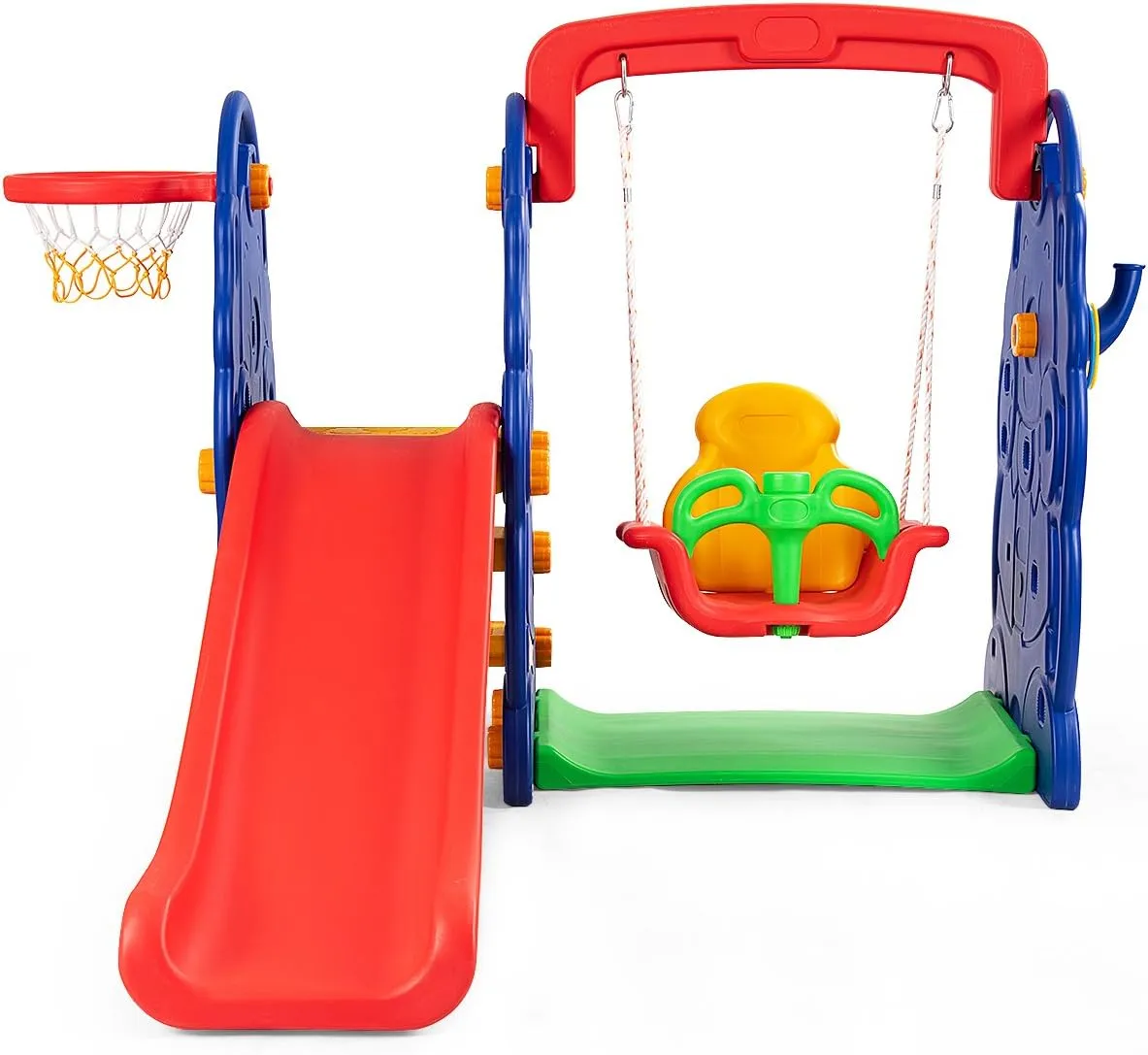 HONEY JOY Swing and Slide Set for Toddler, 4-in-4 Kids Play Climber Swing Playset w/Basketball Hoop, Extra Long Slide with Buffer Zone, Easy Setup Climb Stairs for Indoor Outdoor Games