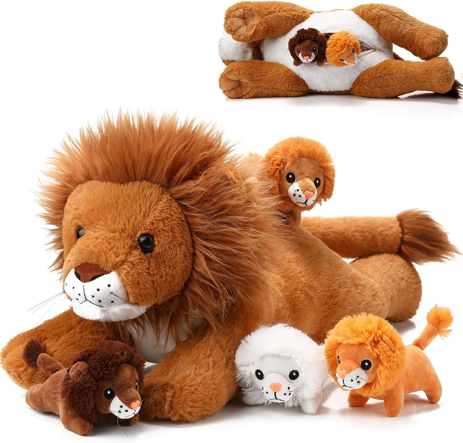 Honoson 5 Pcs Lion Plush Set Large Lion Stuffed Animal Daddy with 4 Cute Babies in Zippered Pouch Soft Cuddly Plushies Gifts for Kids Birthday Forest Party Favors Sleeping Companion
