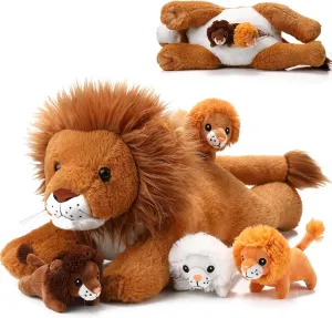 Honoson 5 Pcs Lion Plush Set Large Lion Stuffed Animal Daddy with 4 Cute Babies in Zippered Pouch Soft Cuddly Plushies Gifts for Kids Birthday Forest Party Favors Sleeping Companion