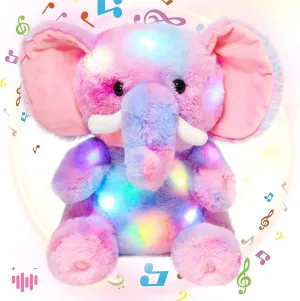 Hopearl Colorful LED Musical Stuffed Elephant Lighting Up Singing Plush Elephish Adjustable Volume Lullaby Animated Soothe Birthday Festival for Kids Toddlers, Rainbow, 11''
