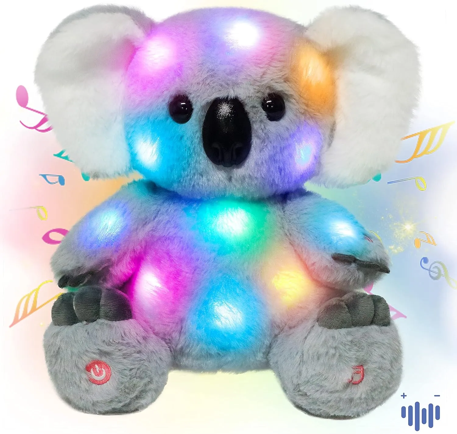 Hopearl LED Musical Koala Stuffed Animal Lighting Up Singing Plush Toy Adjustable Volume Lullaby Animated Soothe Birthday Gifts for Kids Toddlers, Gray, 10.5''