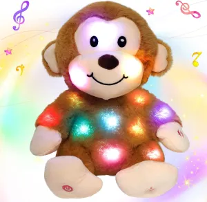 Hopearl LED Musical Monkey Stuffed Animal Lighting Up Singing Plush Toy Adjustable Volume Lullaby Animated Soothe Birthday Gifts for Kids Toddlers, Brown, 11''