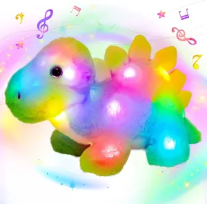 Hopearl LED Musical Stegosaurus Colorful Stuffed Dinosaur Lighting Up Singing Plush Toy Adjustable Volume Lullaby Animated Soothe Birthday Gifts for Kids Toddler Girls, Green, 14''