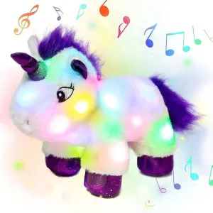 Hopearl LED Musical Stuffed Unicorn Light up Singing Plush Toy Adjustable Volume Lullaby Animated Soothe Birthday Gifts for Kids Toddler Girls, White, 15''