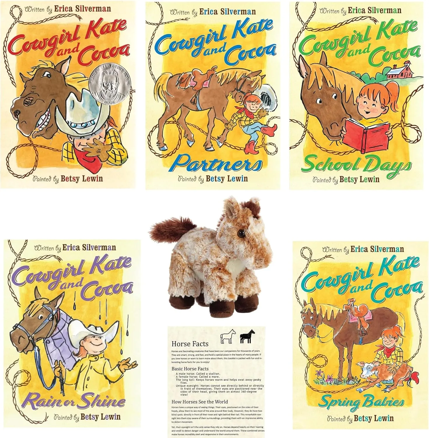 Horse Lover Reading Gift Set - 5 Cowgirl Kate and Cocoa Books by Erica Silverman & Betsy Lewin (Book 1, Partners, School Days, Rain or Shine, Spring Babies); Horse Stuffed Animal Toy; and Fact Sheet