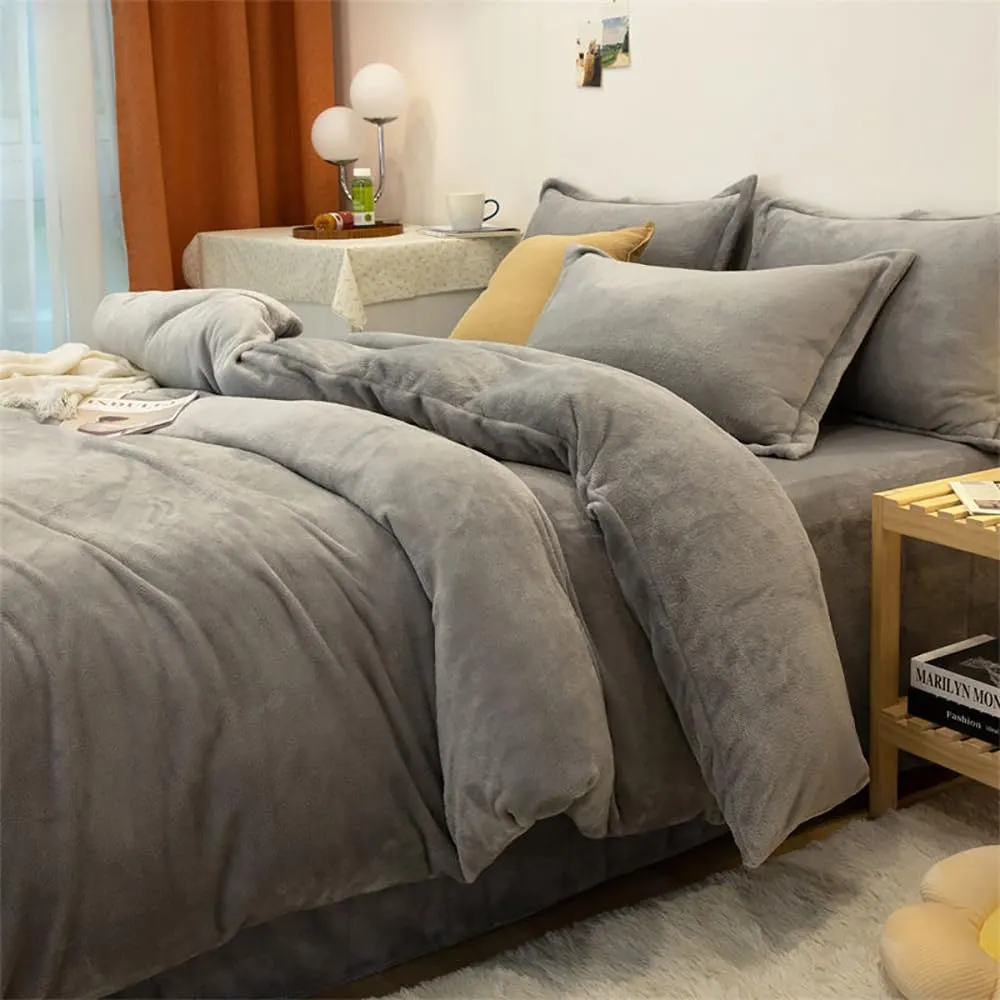 Houseri Velvet King Comforter Set - Fluffy Light Gray, Flannel Sherpa Women's and Men's Bedding