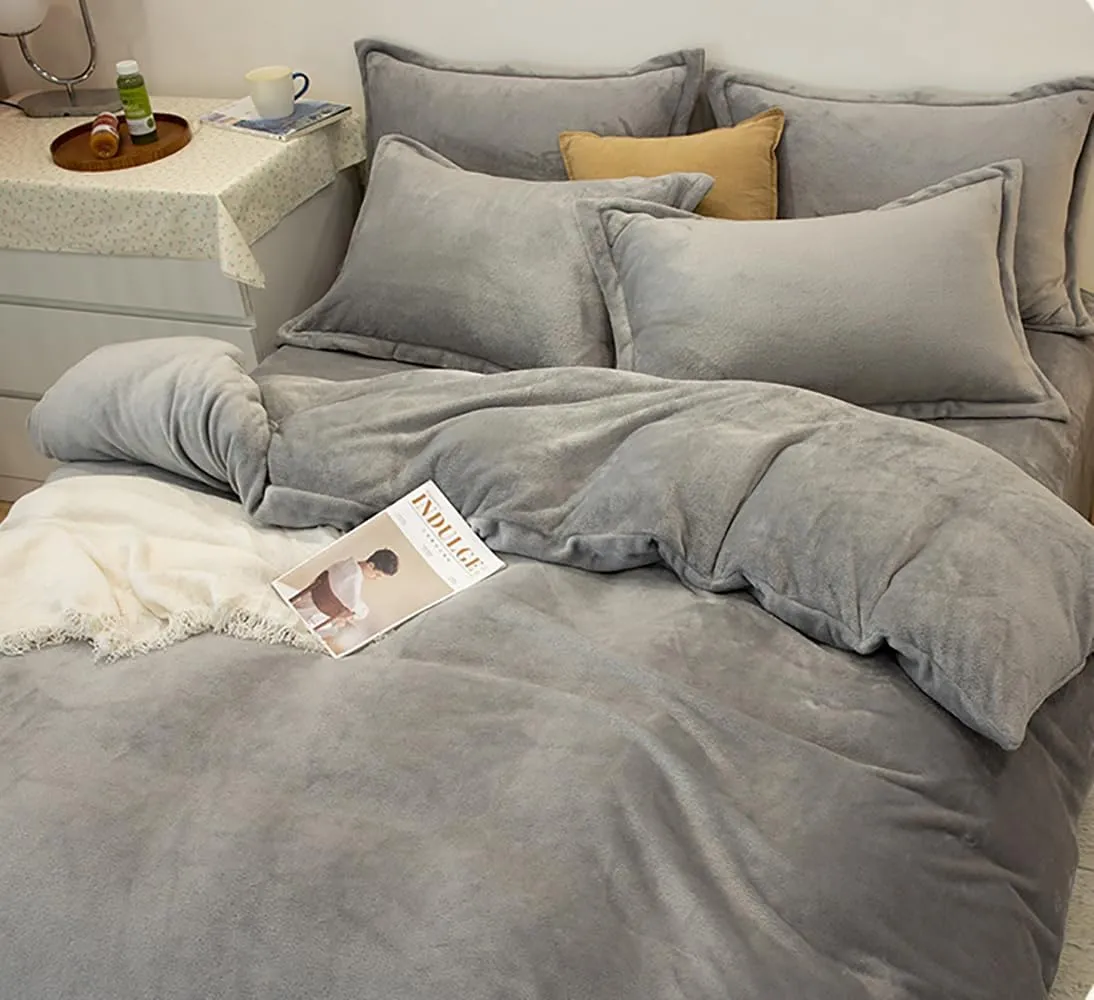 Houseri Velvet King Comforter Set - Fluffy Light Gray, Flannel Sherpa Women's and Men's Bedding