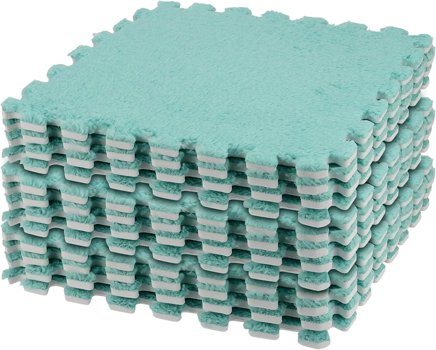 HOZEON 12Piece 12 x 12 Inch Interlocking Carpet Fluffy Tiles, Square Foam Floor Mat Tiles with Border, EVA Plush Foam Mats Shaggy Playmat for Parlor, Bedroom, Game Room, Blue
