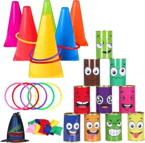 Hxezoc 36 Pack Carnival Games Set, 4 in 1 Soft Plastic Cones Cornhole Bean Bags Ring Can Toss Carnival Games Combo for Kids Adults Carnival Birthday Party School Field Indoor Outdoor Games Supplies