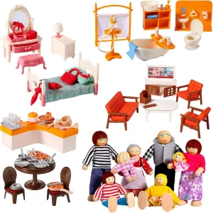 HyDren 83 Pcs Wooden Dollhouse Furniture Set with 8 Dolls Flexible Family Dolls and Fully Furnished Kitchen Living Room Bathroom Bedroom Dining Room Pretend Play Toys Birthday Gift for Girl Boy