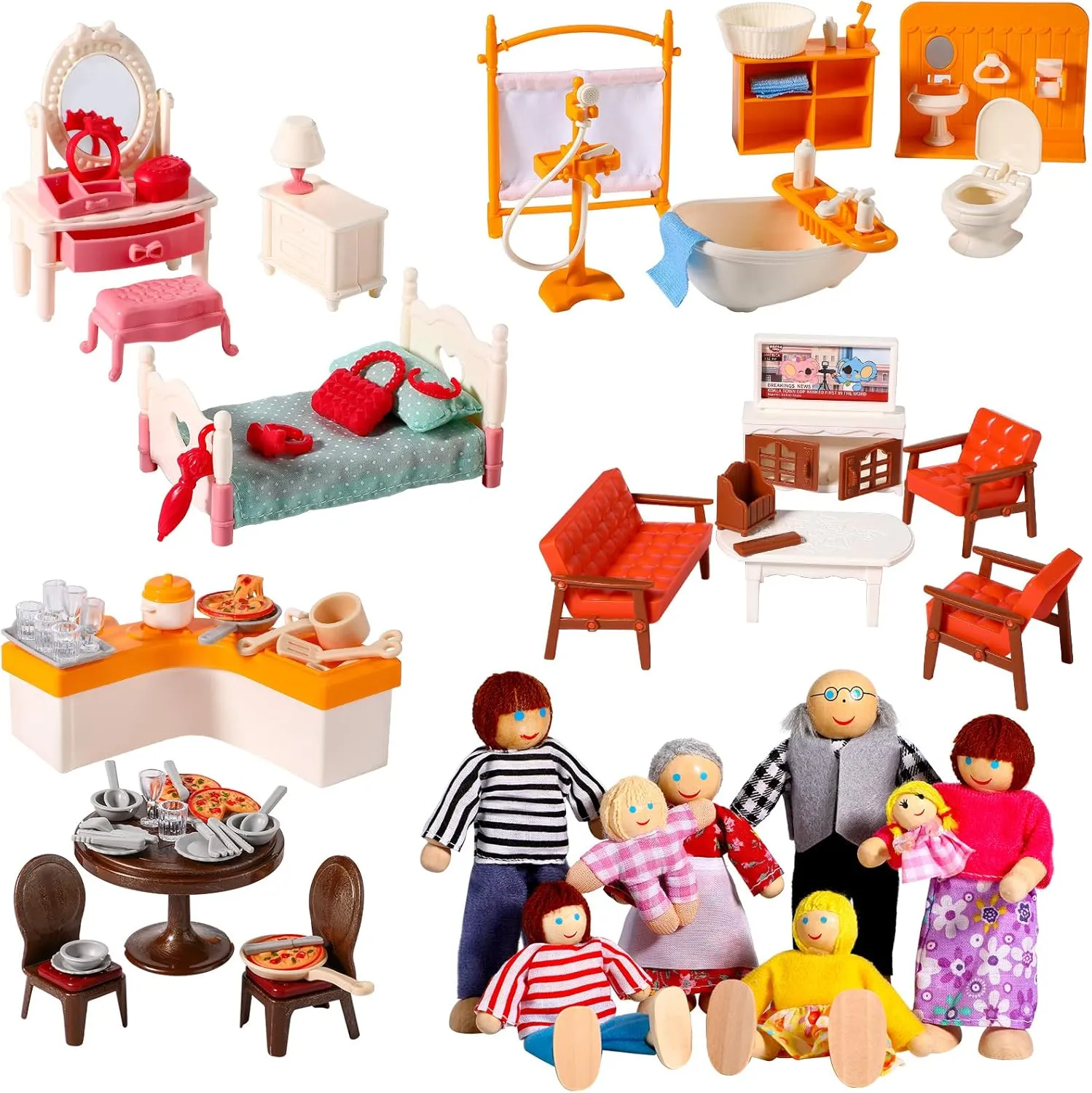 HyDren 83 Pcs Wooden Dollhouse Furniture Set with 8 Dolls Flexible Family Dolls and Fully Furnished Kitchen Living Room Bathroom Bedroom Dining Room Pretend Play Toys Birthday Gift for Girl Boy