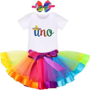 IBTOM CASTLE Watermelon 1st Birthday Rainbow Cake Smash Skirt Set with Princess Romper/Headband for Baby Girls Photo Shoot