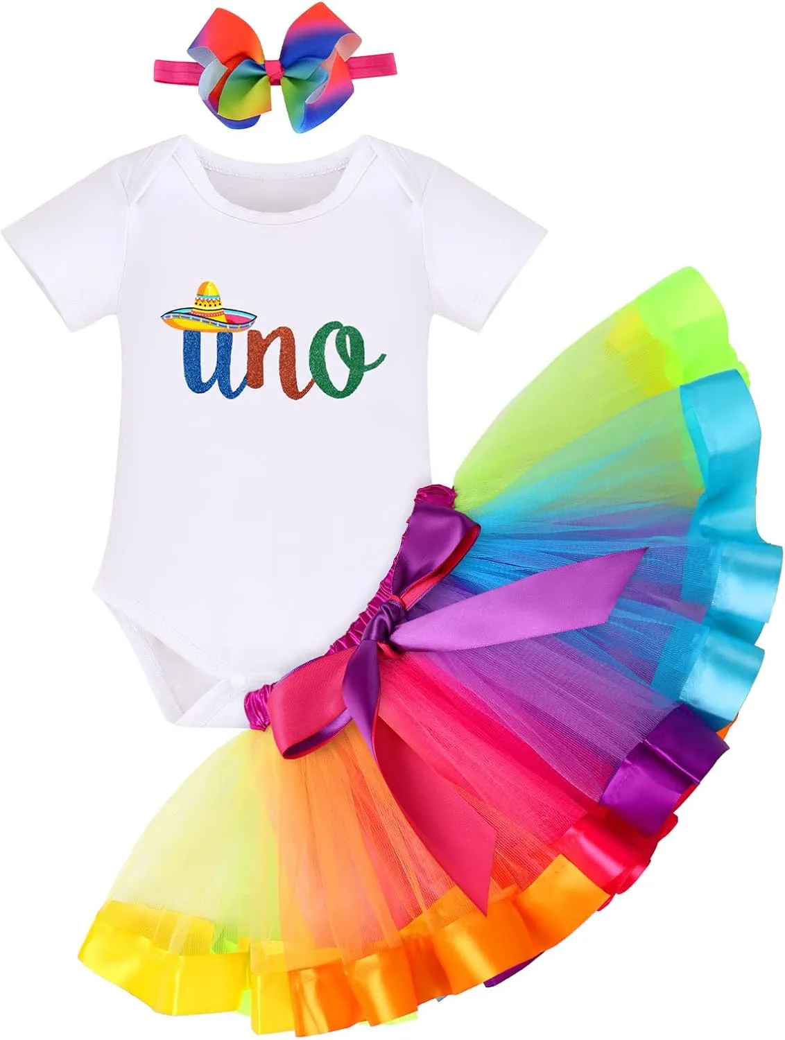 IBTOM CASTLE Watermelon 1st Birthday Rainbow Cake Smash Skirt Set with Princess Romper/Headband for Baby Girls Photo Shoot
