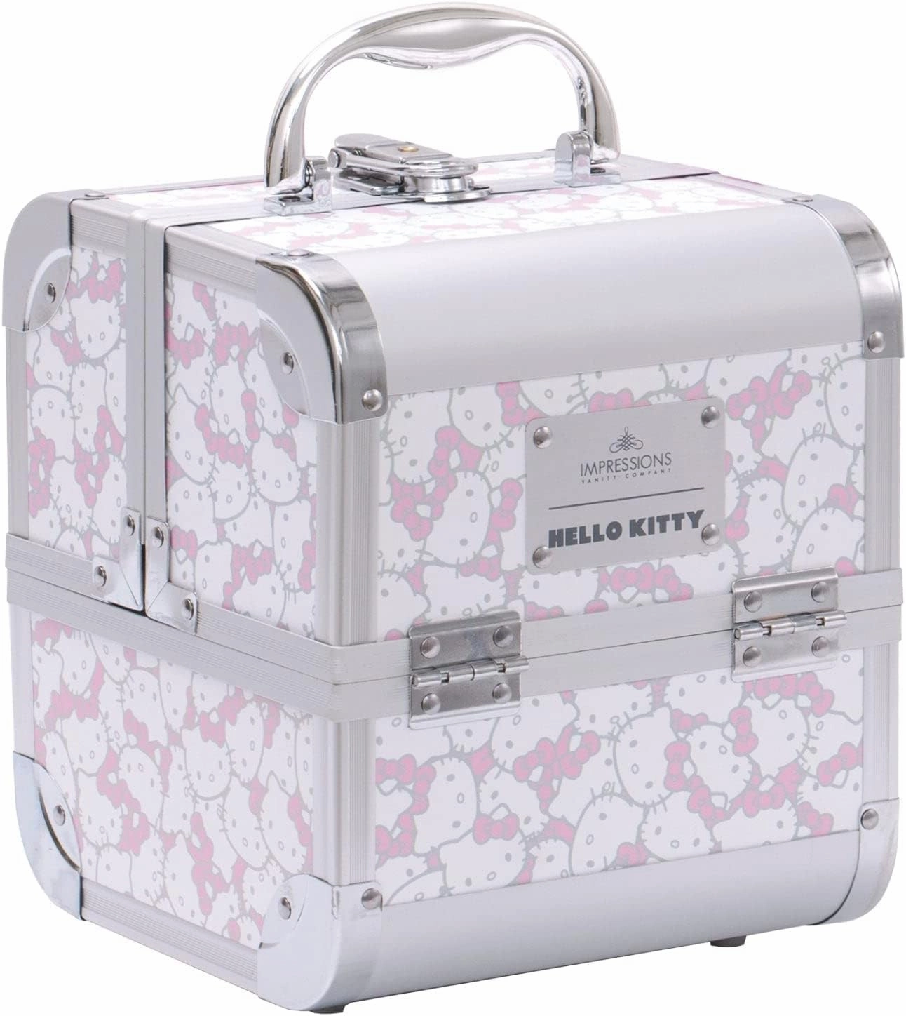 Impressions Vanity Hello Kitty SlayCube Makeup Travel Case with Durable Outer, Makeup Organizer Case in Portable Size with 2 Extendable Trays and Flip Top Mirror (White/Pink)