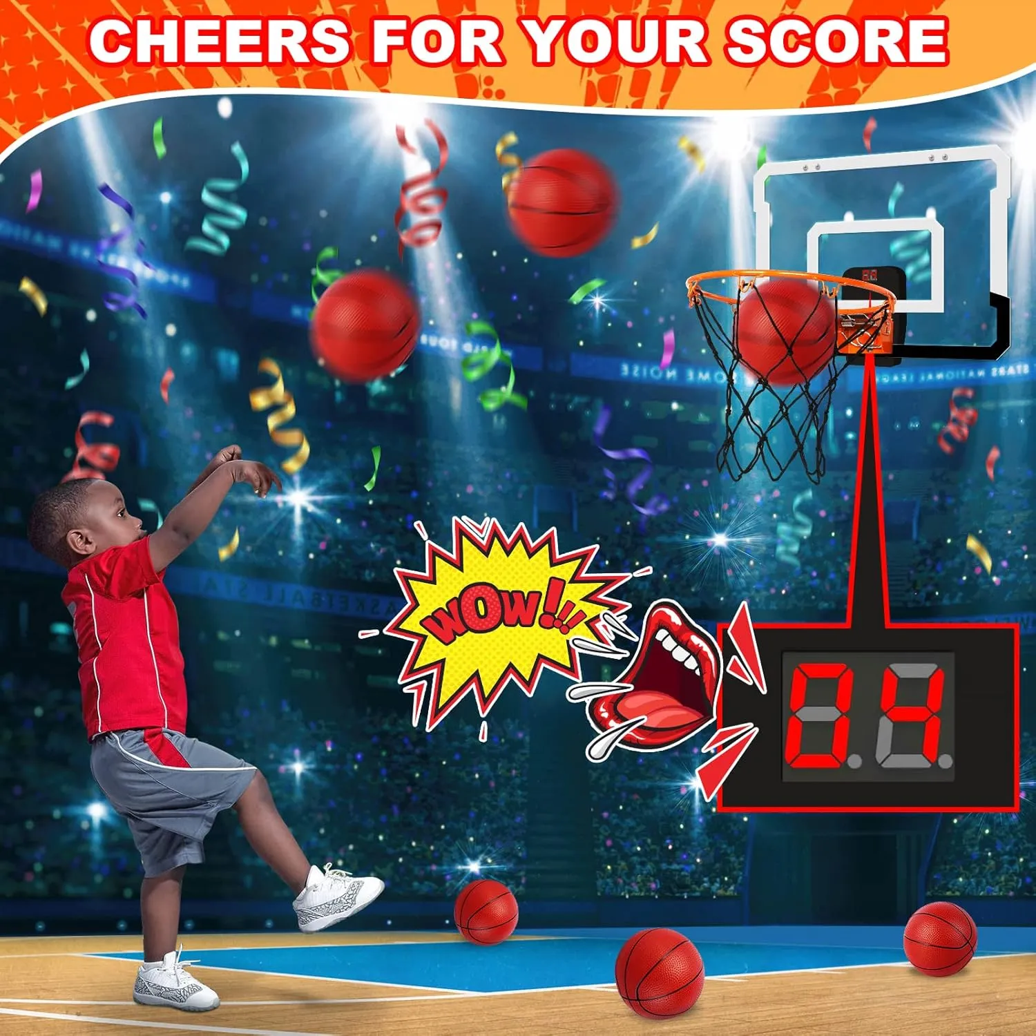 Indoor Mini Basketball Hoop with Electronic Scoreboard - Over The Door for & Wall Office Room Score 4 Balls Foldable Kids, Teens, Adults