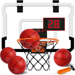 Indoor Mini Basketball Hoop with Electronic Scoreboard - Over The Door for & Wall Office Room Score 4 Balls Foldable Kids, Teens, Adults
