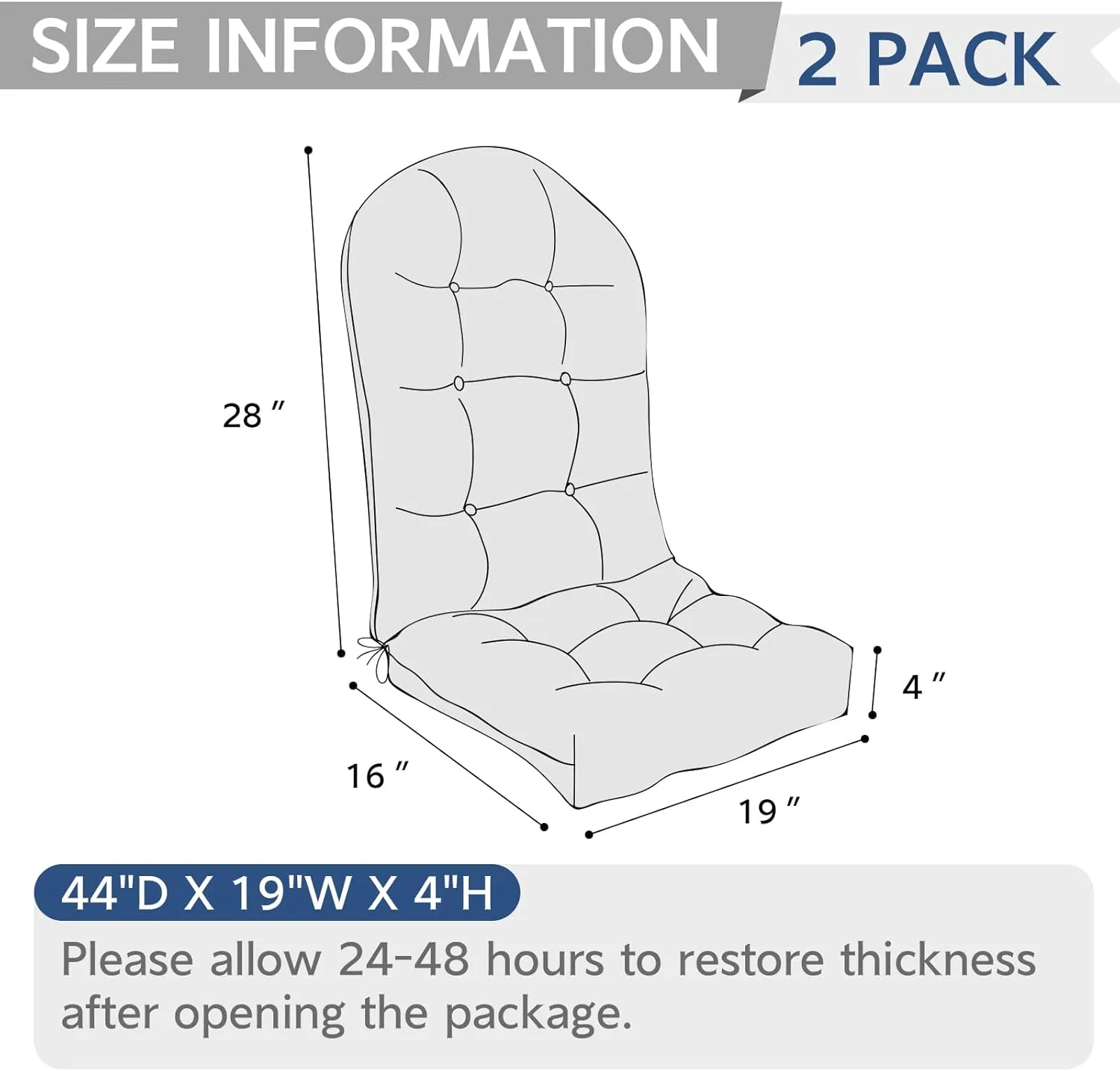 Indoor/Outdoor Adirondack Chair Cushions 44 x 19 x 4 Inch, Tufted Outdoor Rocking Chair Cushion, Anti-Slip High Back Patio Chair Cushions, Set of 2, Clemens Noir Blue