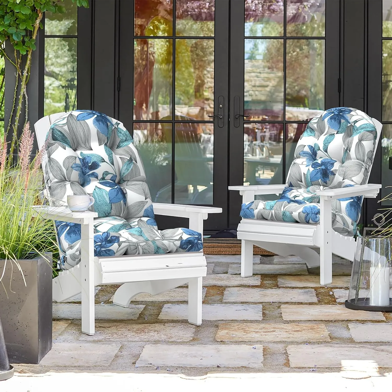 Indoor/Outdoor Adirondack Chair Cushions 44 x 19 x 4 Inch, Tufted Outdoor Rocking Chair Cushion, Anti-Slip High Back Patio Chair Cushions, Set of 2, Clemens Noir Blue
