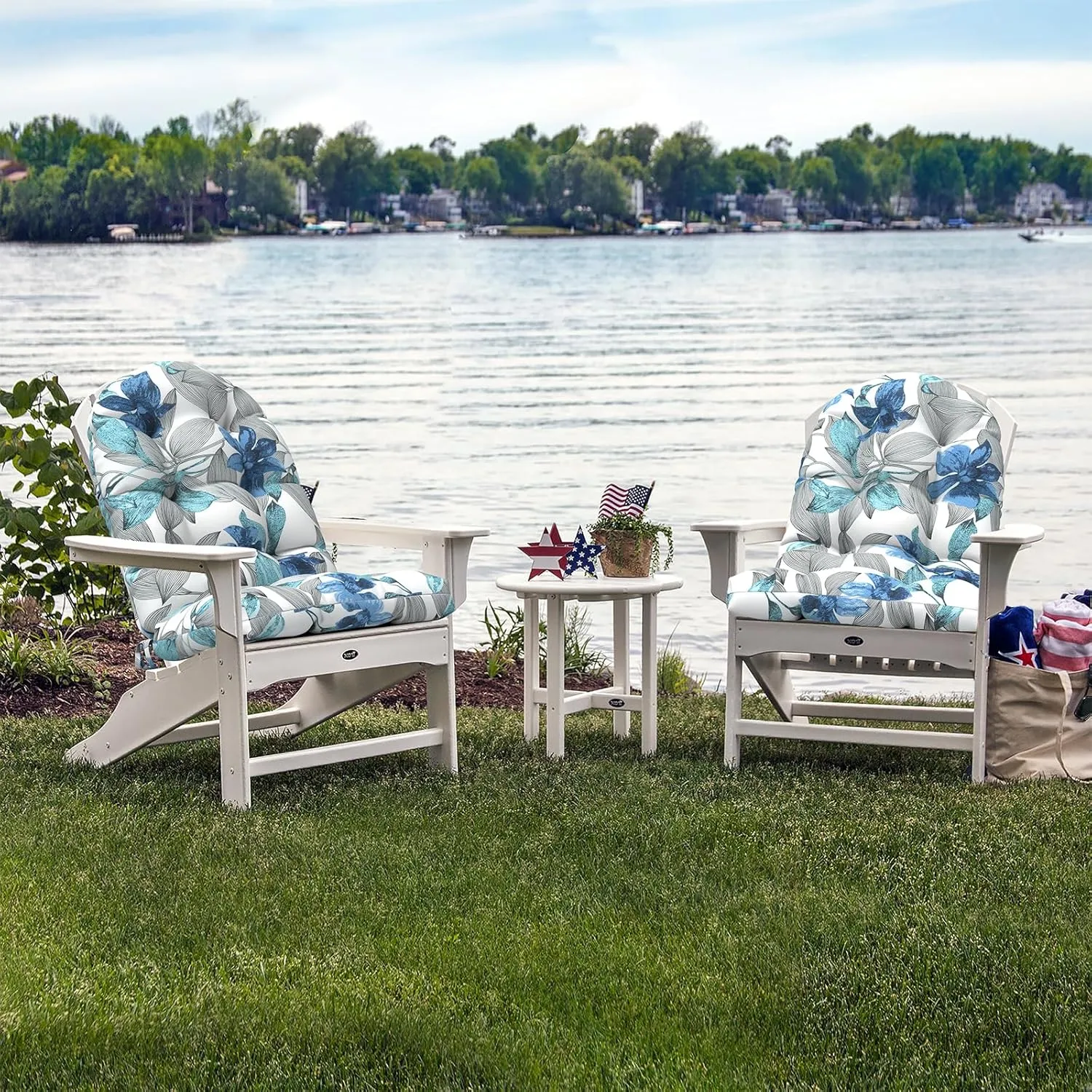 Indoor/Outdoor Adirondack Chair Cushions 44 x 19 x 4 Inch, Tufted Outdoor Rocking Chair Cushion, Anti-Slip High Back Patio Chair Cushions, Set of 2, Clemens Noir Blue