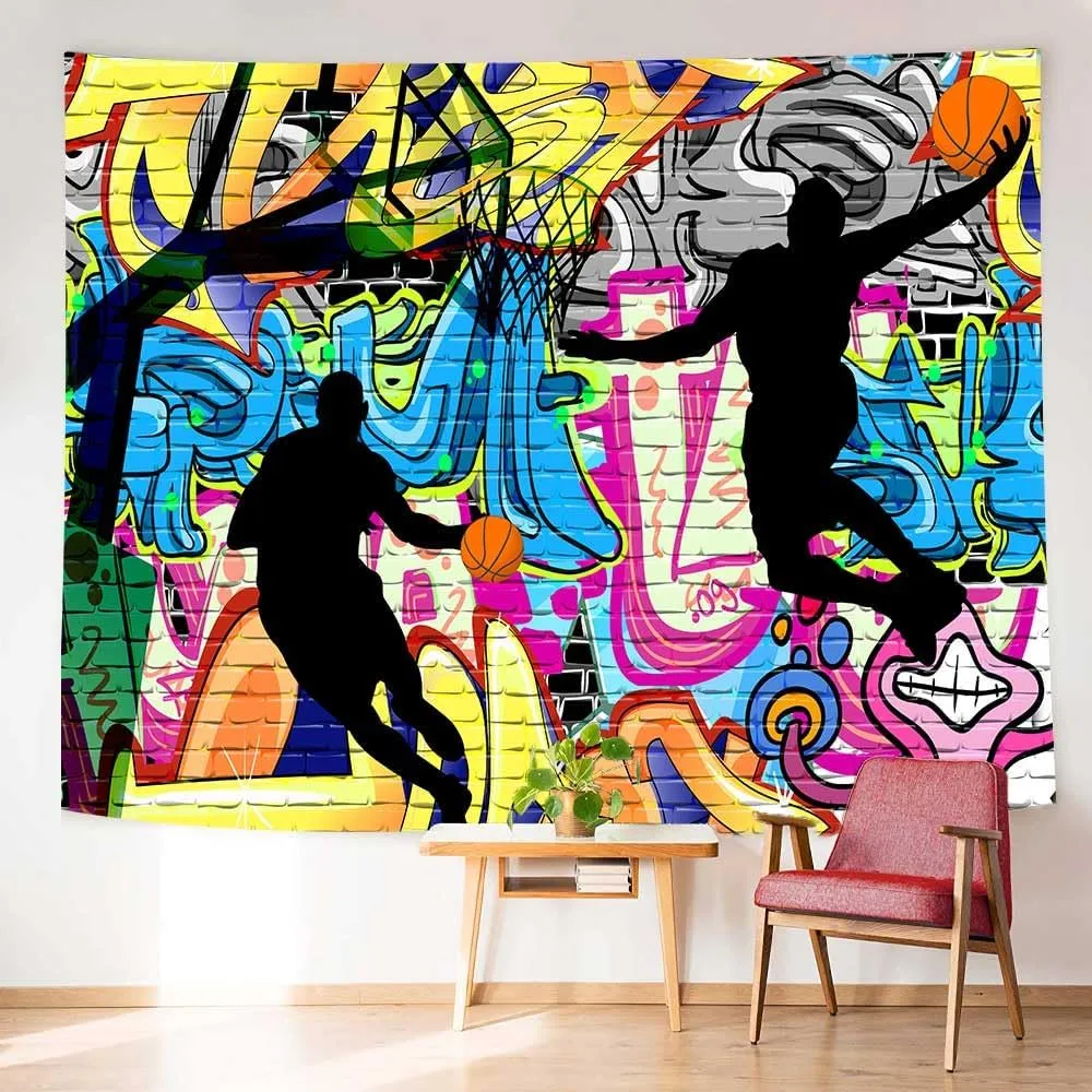 Ine Ive Basketball Sports Tapestry Nostalgic Graffiti Street Art Wall Poster 93x71 Inches Boys Basketball Shooting Silhouette Art Tapesrties for Bedroom Dorm Living Room Background