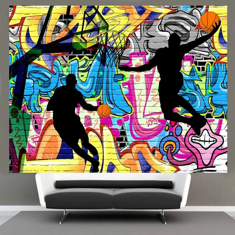 Ine Ive Basketball Sports Tapestry Nostalgic Graffiti Street Art Wall Poster 93x71 Inches Boys Basketball Shooting Silhouette Art Tapesrties for Bedroom Dorm Living Room Background