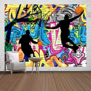 Ine Ive Basketball Sports Tapestry Nostalgic Graffiti Street Art Wall Poster 93x71 Inches Boys Basketball Shooting Silhouette Art Tapesrties for Bedroom Dorm Living Room Background