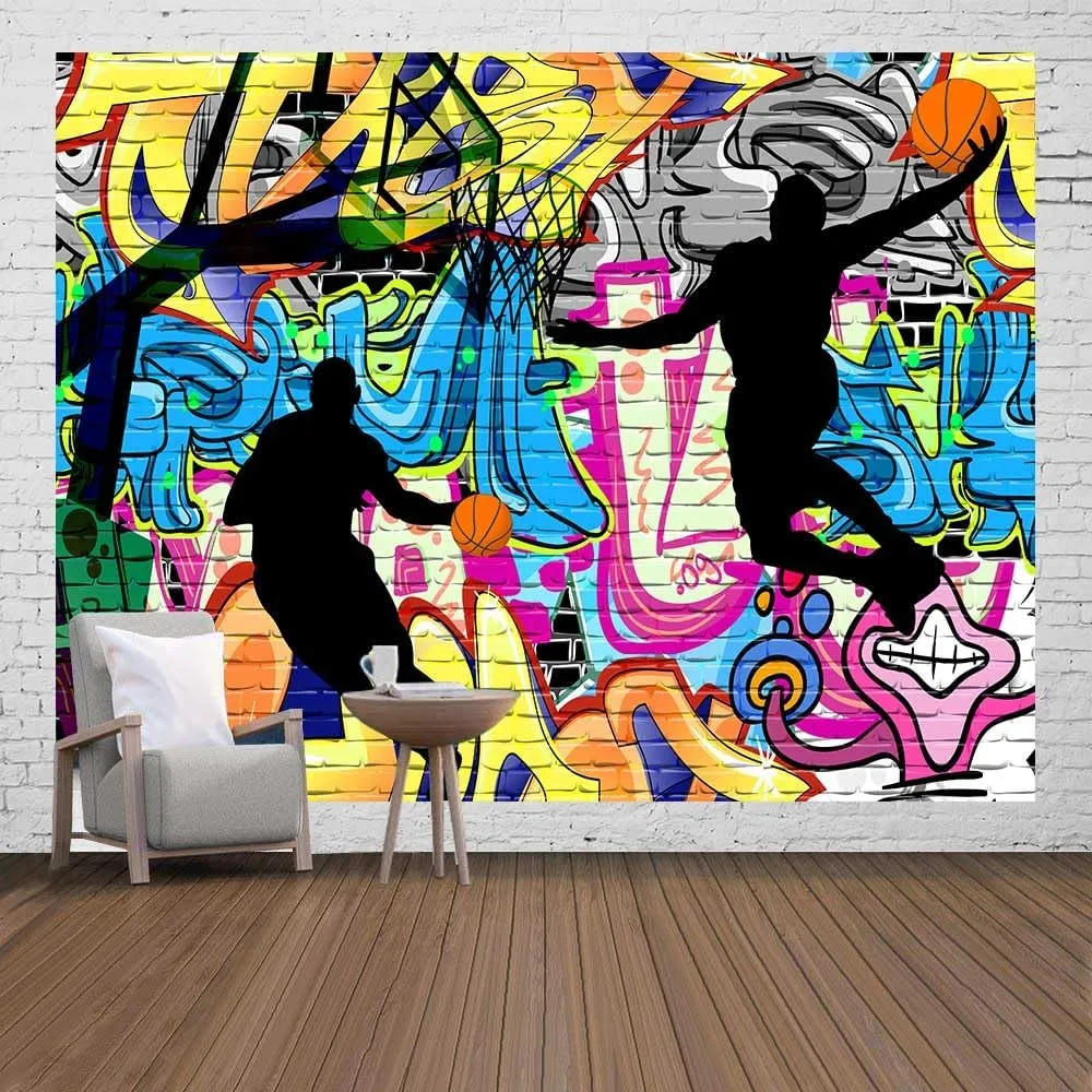Ine Ive Basketball Sports Tapestry Nostalgic Graffiti Street Art Wall Poster 93x71 Inches Boys Basketball Shooting Silhouette Art Tapesrties for Bedroom Dorm Living Room Background