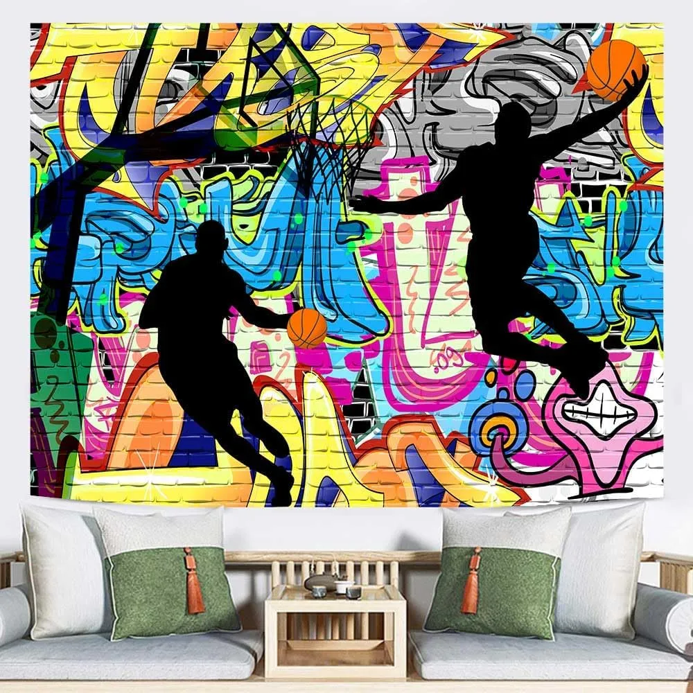 Ine Ive Basketball Sports Tapestry Nostalgic Graffiti Street Art Wall Poster 93x71 Inches Boys Basketball Shooting Silhouette Art Tapesrties for Bedroom Dorm Living Room Background