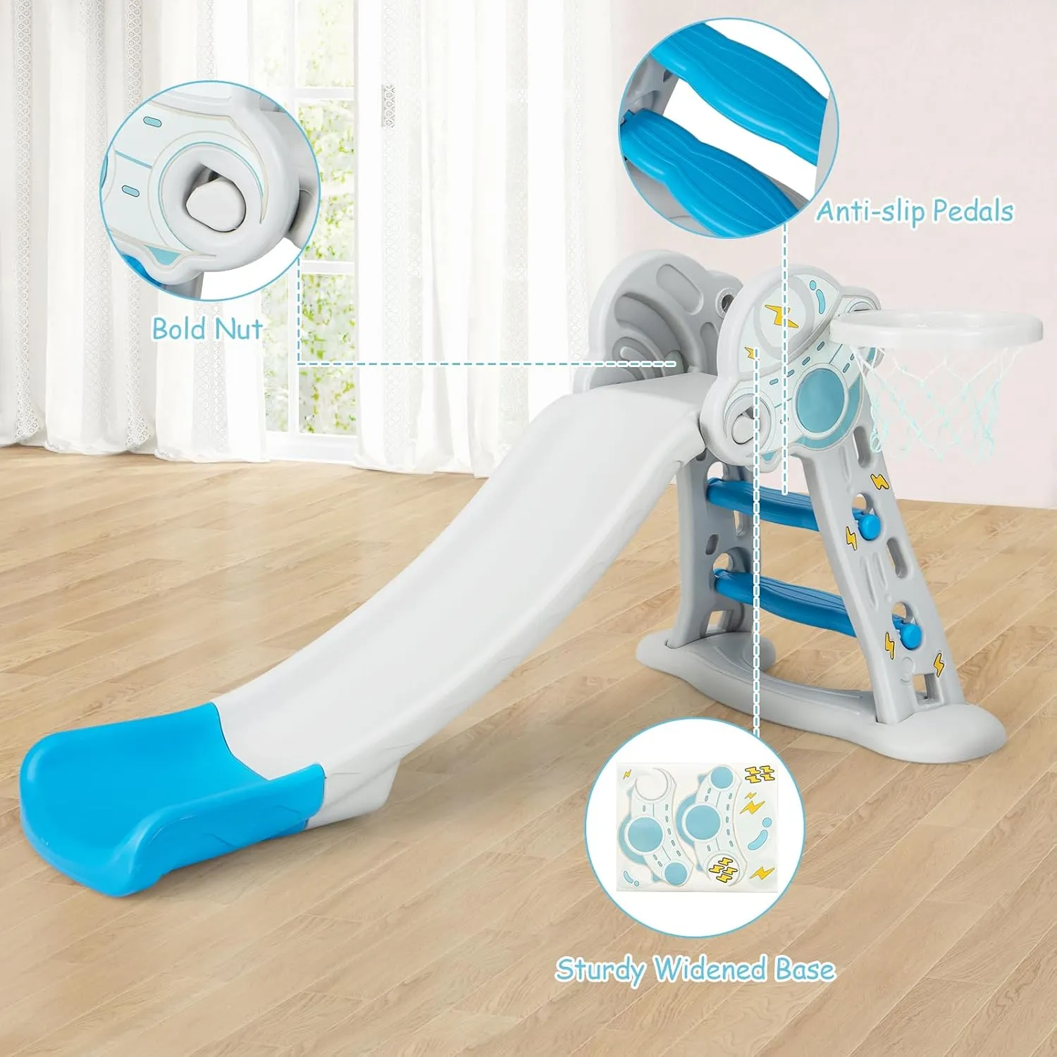 INFANS Toddler Slide, 3 in 1 Foldable Kids Slide Indoor Slideway for Age 18  Months with Basketball Hoop, Outdoor Climber Freestanding Playset, Extra Long Slipping Slope Sturdy Plastic Playground Toy