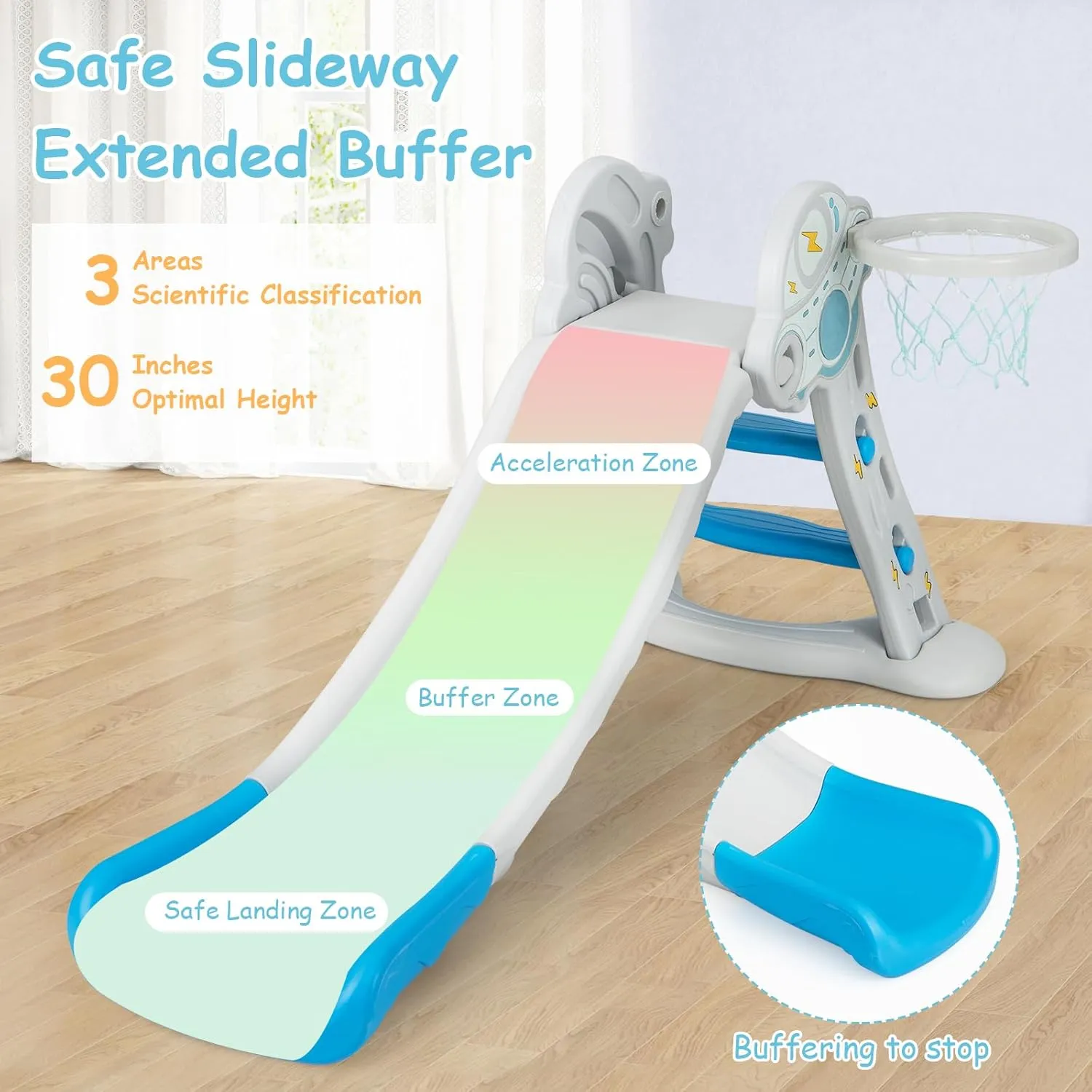 INFANS Toddler Slide, 3 in 1 Foldable Kids Slide Indoor Slideway for Age 18  Months with Basketball Hoop, Outdoor Climber Freestanding Playset, Extra Long Slipping Slope Sturdy Plastic Playground Toy