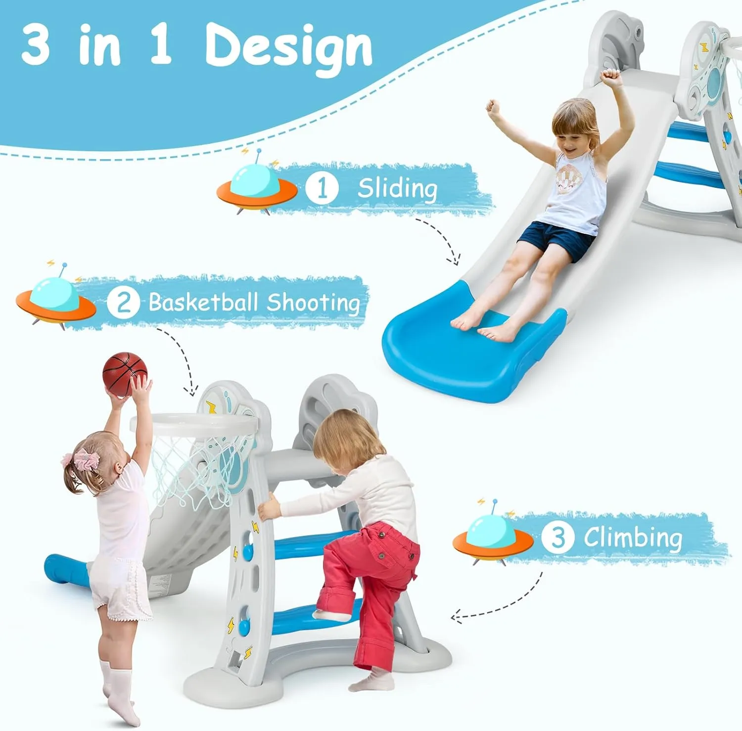 INFANS Toddler Slide, 3 in 1 Foldable Kids Slide Indoor Slideway for Age 18  Months with Basketball Hoop, Outdoor Climber Freestanding Playset, Extra Long Slipping Slope Sturdy Plastic Playground Toy