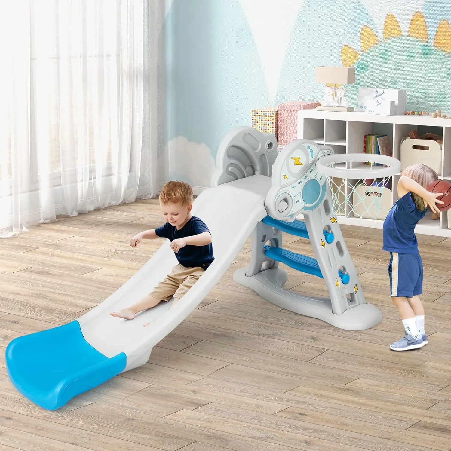 INFANS Toddler Slide, 3 in 1 Foldable Kids Slide Indoor Slideway for Age 18  Months with Basketball Hoop, Outdoor Climber Freestanding Playset, Extra Long Slipping Slope Sturdy Plastic Playground Toy