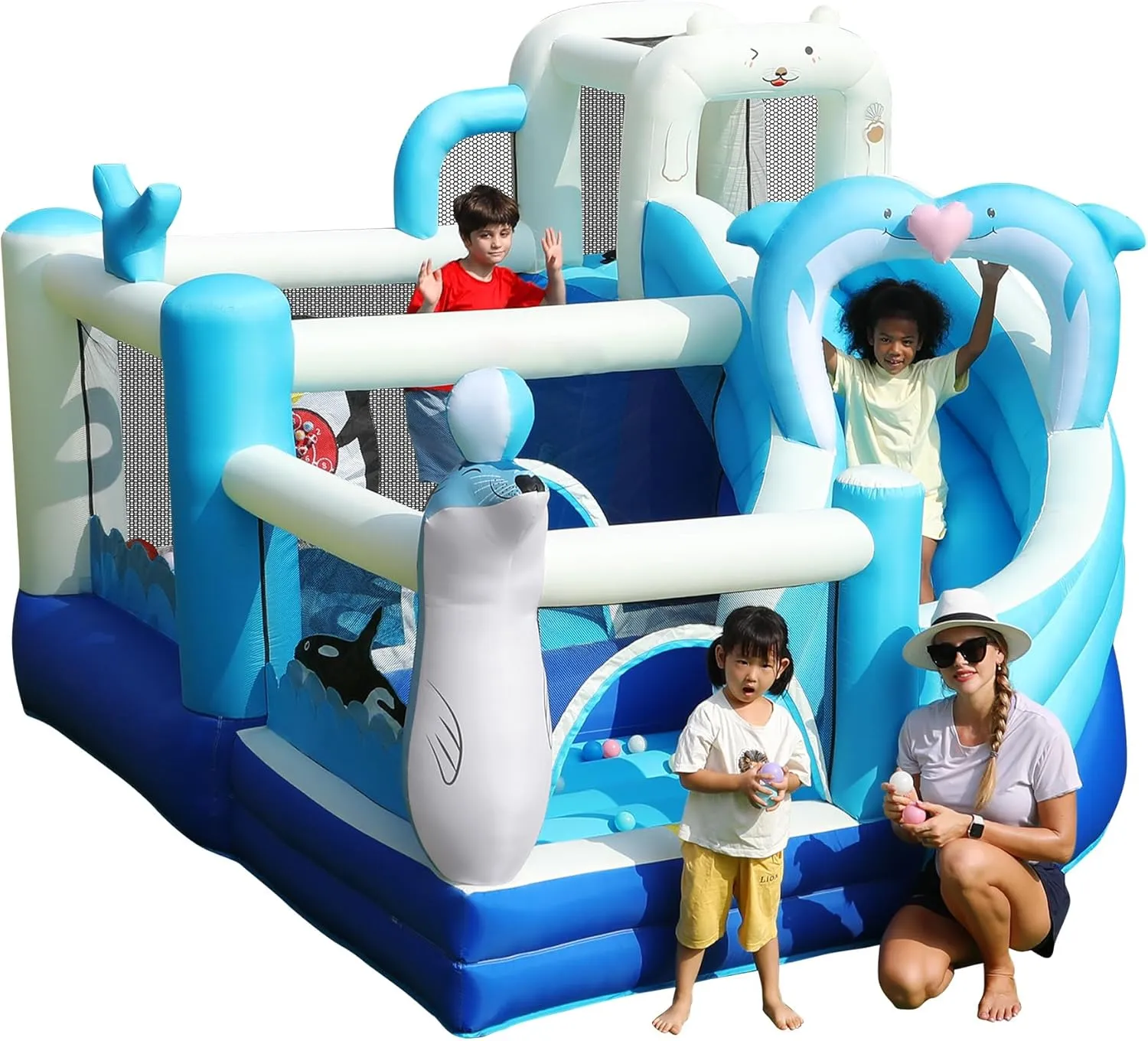 Inflatable Bounce House,Kids Bouncy Castle with Slide, Ocean Bouncer with Ball Pit,Blower,Jumping Area for Outdoor Indoor
