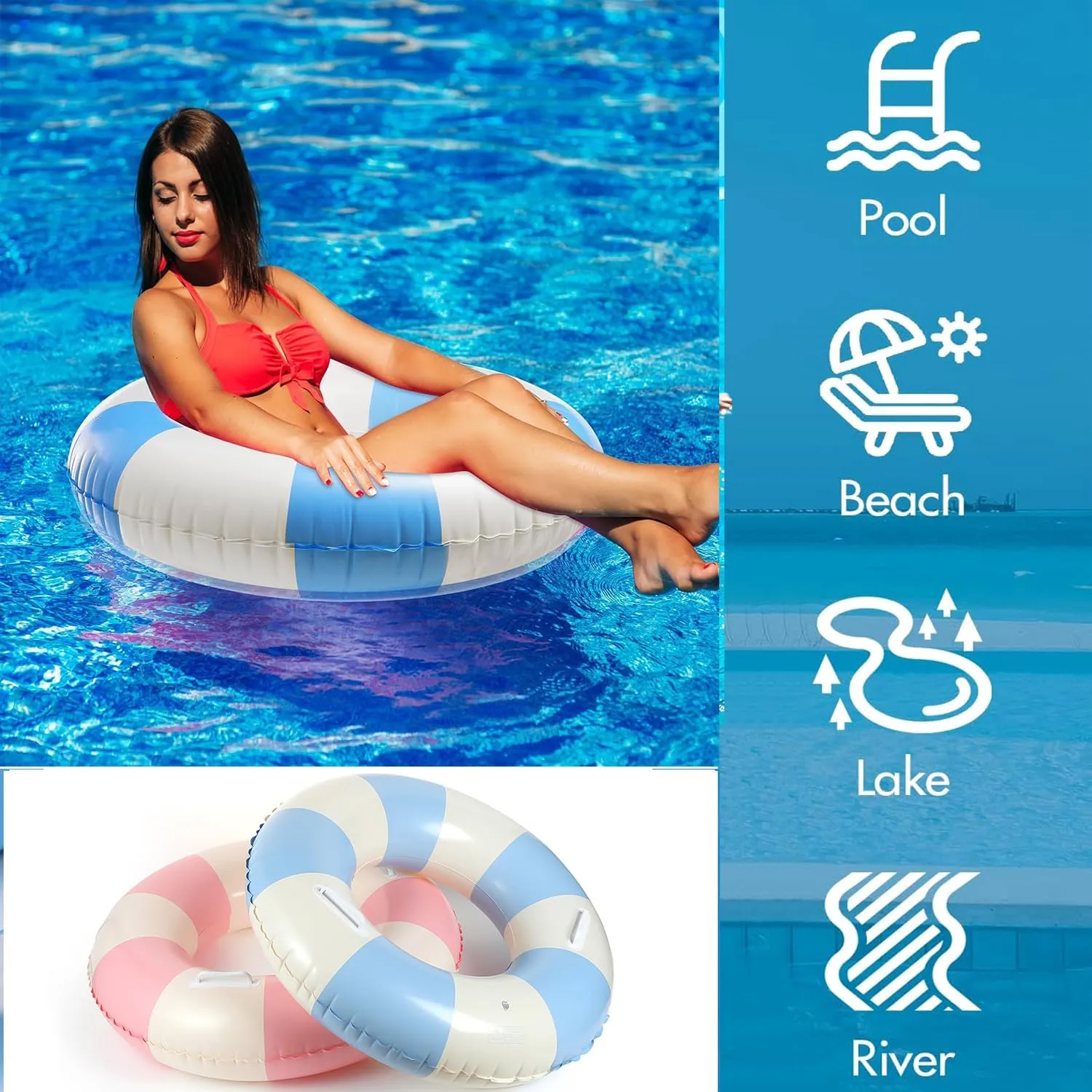 Inflatable Pool Floats for Adults- 2 Pack Striped Floaties Pool Tubes Swim Rings with Handles Inflatable Pool Float for Swimming Pool Party Lake Beach Adults