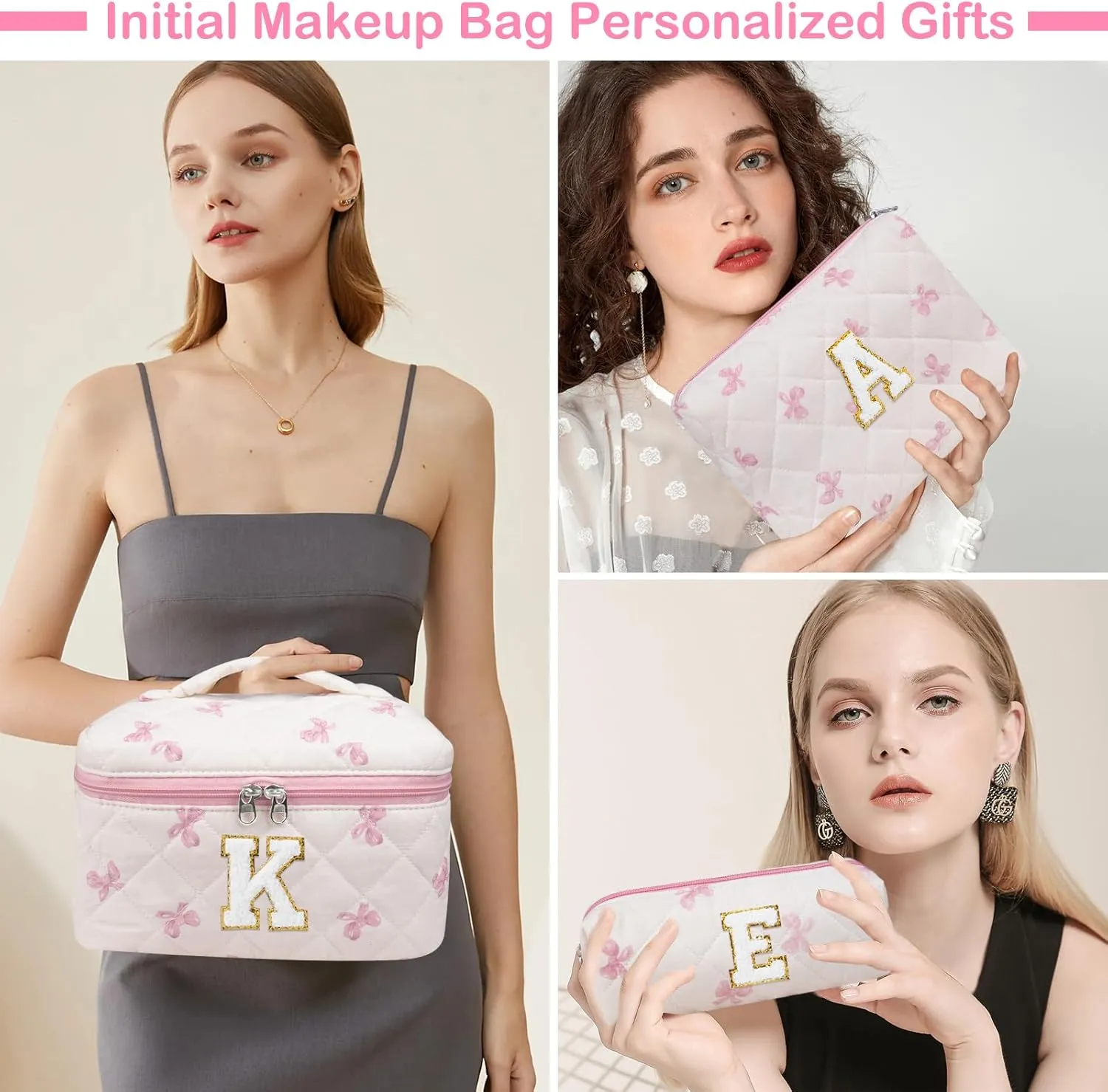 Initial Makeup Bag Set, Personalized Quilted Makeup Bag, Large Floral Cosmetic Bag for Women, Cute Cotton Custom Make up Bags, Flower Travel Toiletry Bag Teen Girl Gift Pink Butterfly M