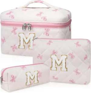 Initial Makeup Bag Set, Personalized Quilted Makeup Bag, Large Floral Cosmetic Bag for Women, Cute Cotton Custom Make up Bags, Flower Travel Toiletry Bag Teen Girl Gift Pink Butterfly M