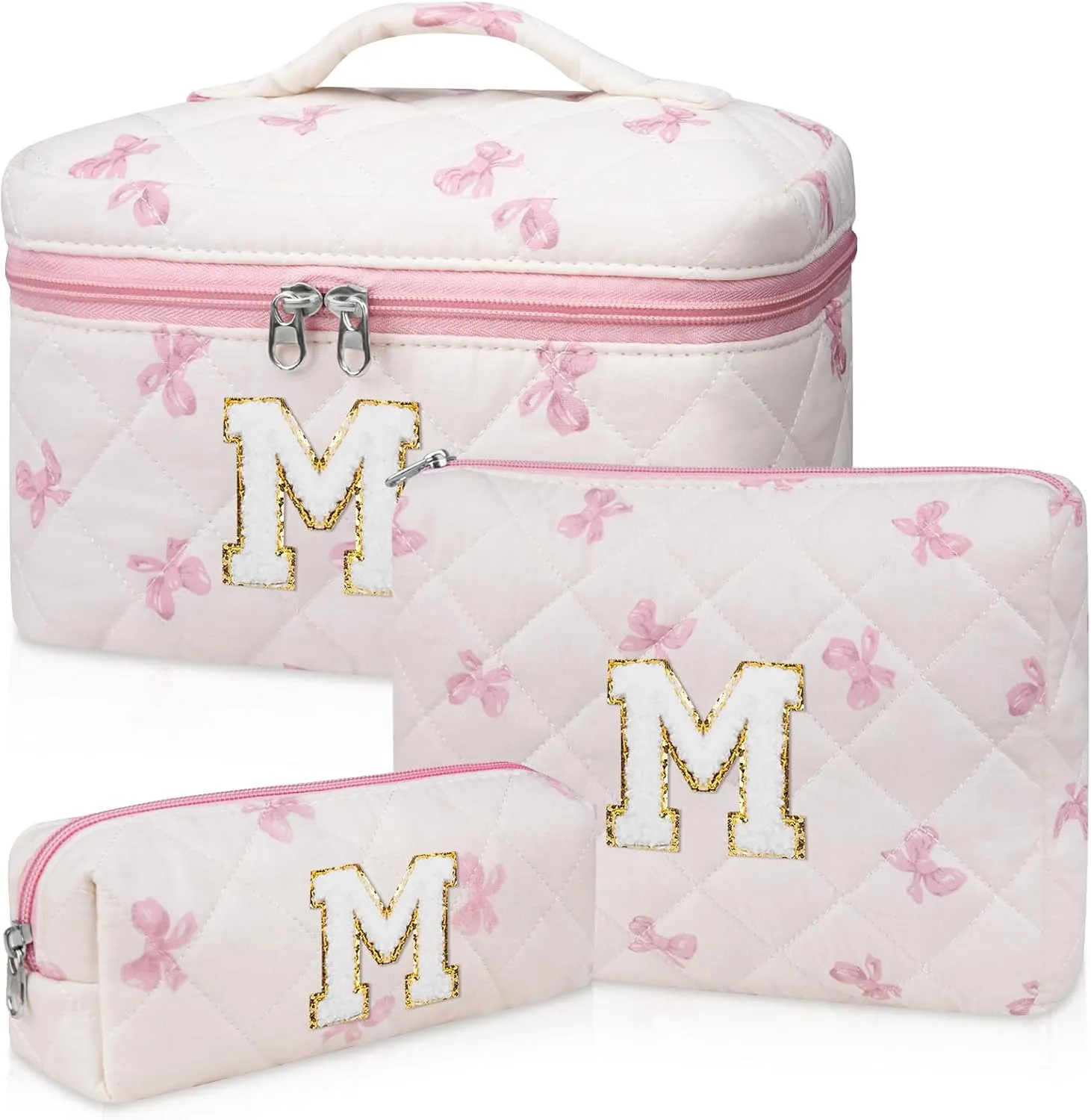 Initial Makeup Bag Set, Personalized Quilted Makeup Bag, Large Floral Cosmetic Bag for Women, Cute Cotton Custom Make up Bags, Flower Travel Toiletry Bag Teen Girl Gift Pink Butterfly M
