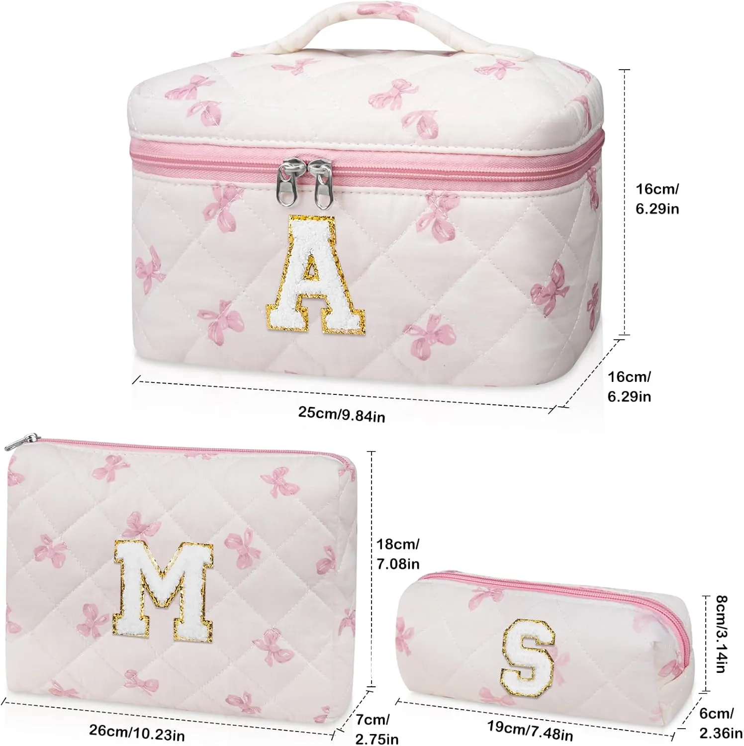 Initial Makeup Bag Set, Personalized Quilted Makeup Bag, Large Floral Cosmetic Bag for Women, Cute Cotton Custom Make up Bags, Flower Travel Toiletry Bag Teen Girl Gift Pink Butterfly M
