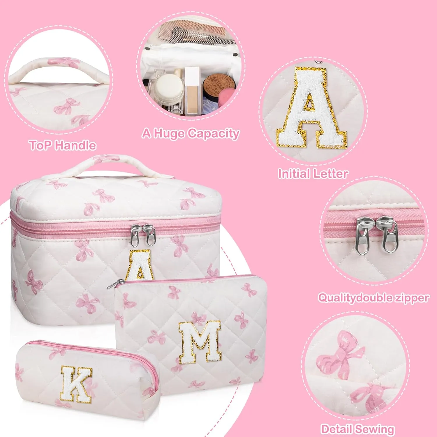 Initial Makeup Bag Set, Personalized Quilted Makeup Bag, Large Floral Cosmetic Bag for Women, Cute Cotton Custom Make up Bags, Flower Travel Toiletry Bag Teen Girl Gift Pink Butterfly M