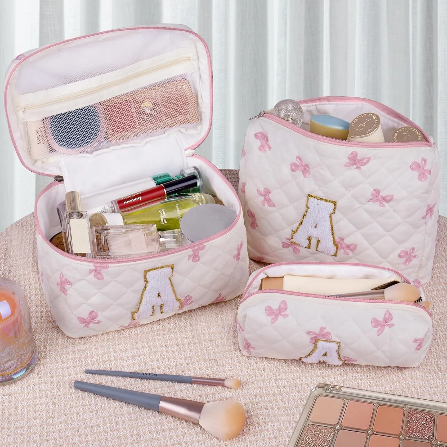 Initial Makeup Bag Set, Personalized Quilted Makeup Bag, Large Floral Cosmetic Bag for Women, Cute Cotton Custom Make up Bags, Flower Travel Toiletry Bag Teen Girl Gift Pink Butterfly M