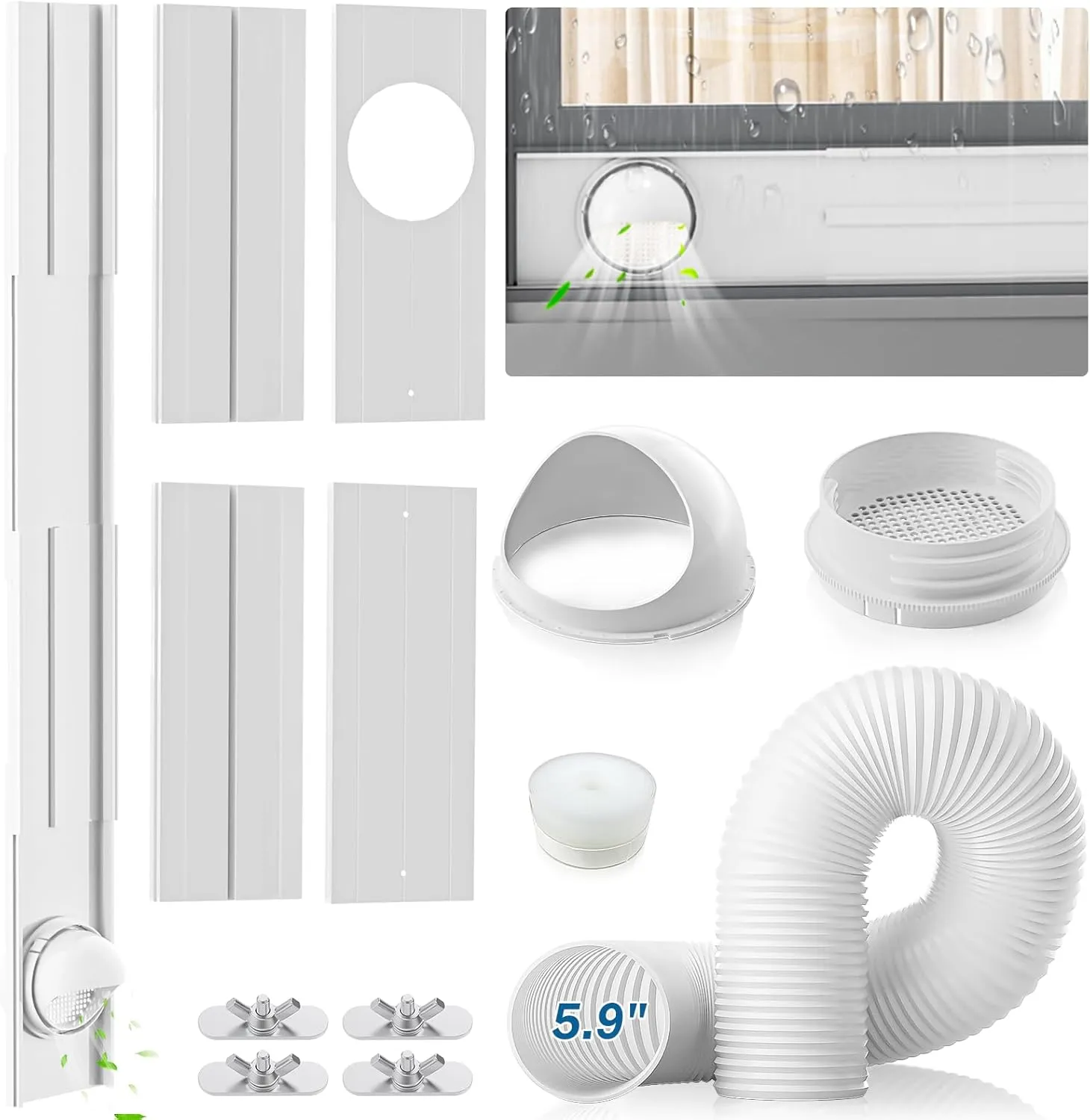 Insputer Portable AC Window Vent Kit with 5.9" Exhaust Hose & Coupler, Universal Adjustable Air Conditioner Window Seal Kit for Sliding Vertical/Horizontal Windows (4 Pcs)