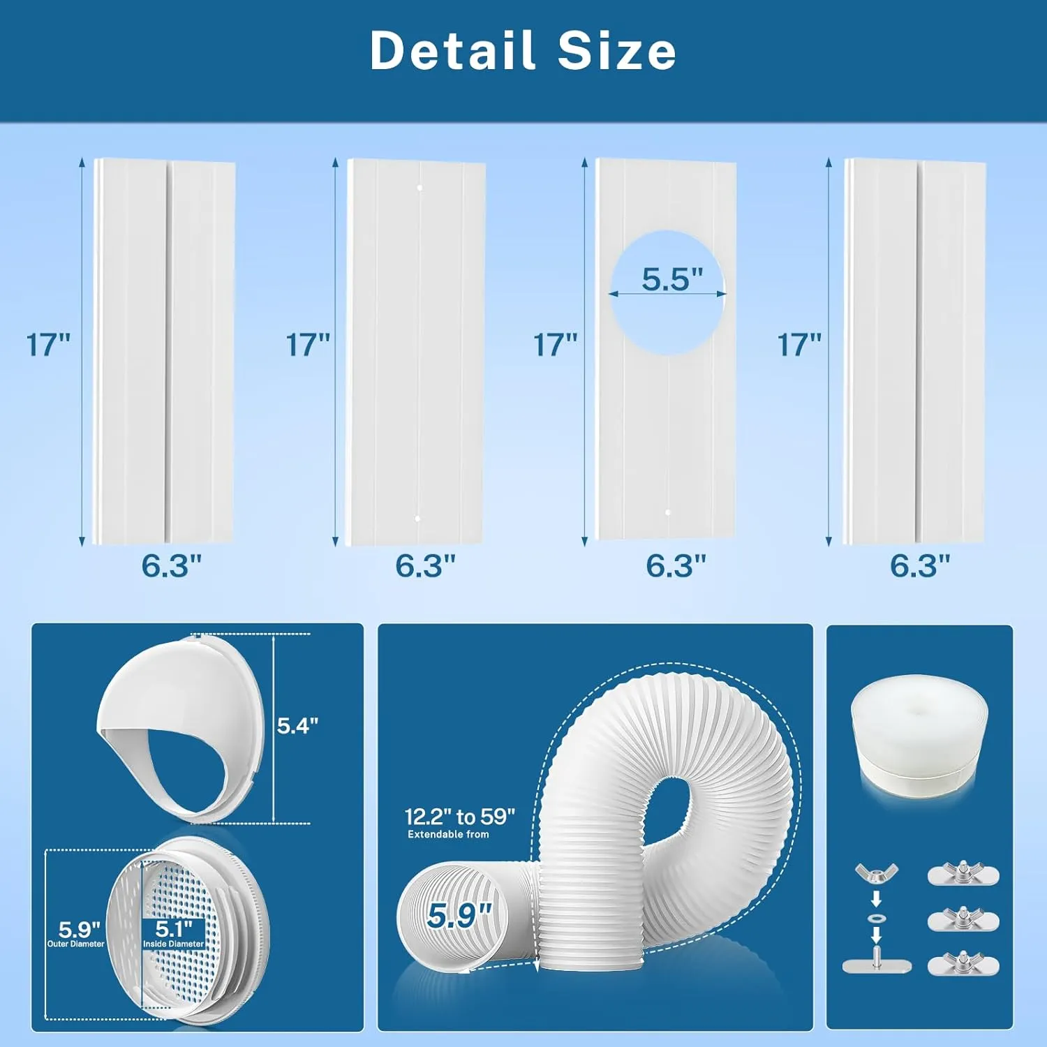 Insputer Portable AC Window Vent Kit with 5.9" Exhaust Hose & Coupler, Universal Adjustable Air Conditioner Window Seal Kit for Sliding Vertical/Horizontal Windows (4 Pcs)
