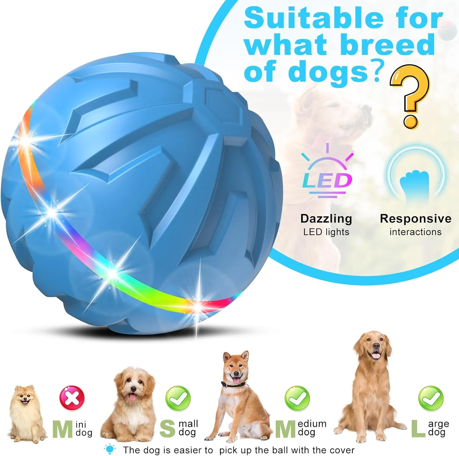 Interactive Dog Toys Ball with Remote Control LED Lights, Durable Rubber Peppy Pet Ball for Medium Large Dogs, Automatic Moving, 3.2-in Blue